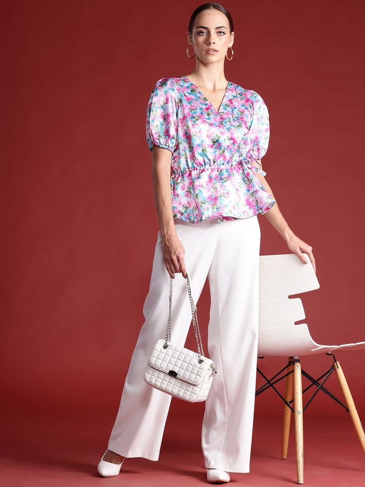 all about you Floral Print Puff Sleeve Cinched Waist Top