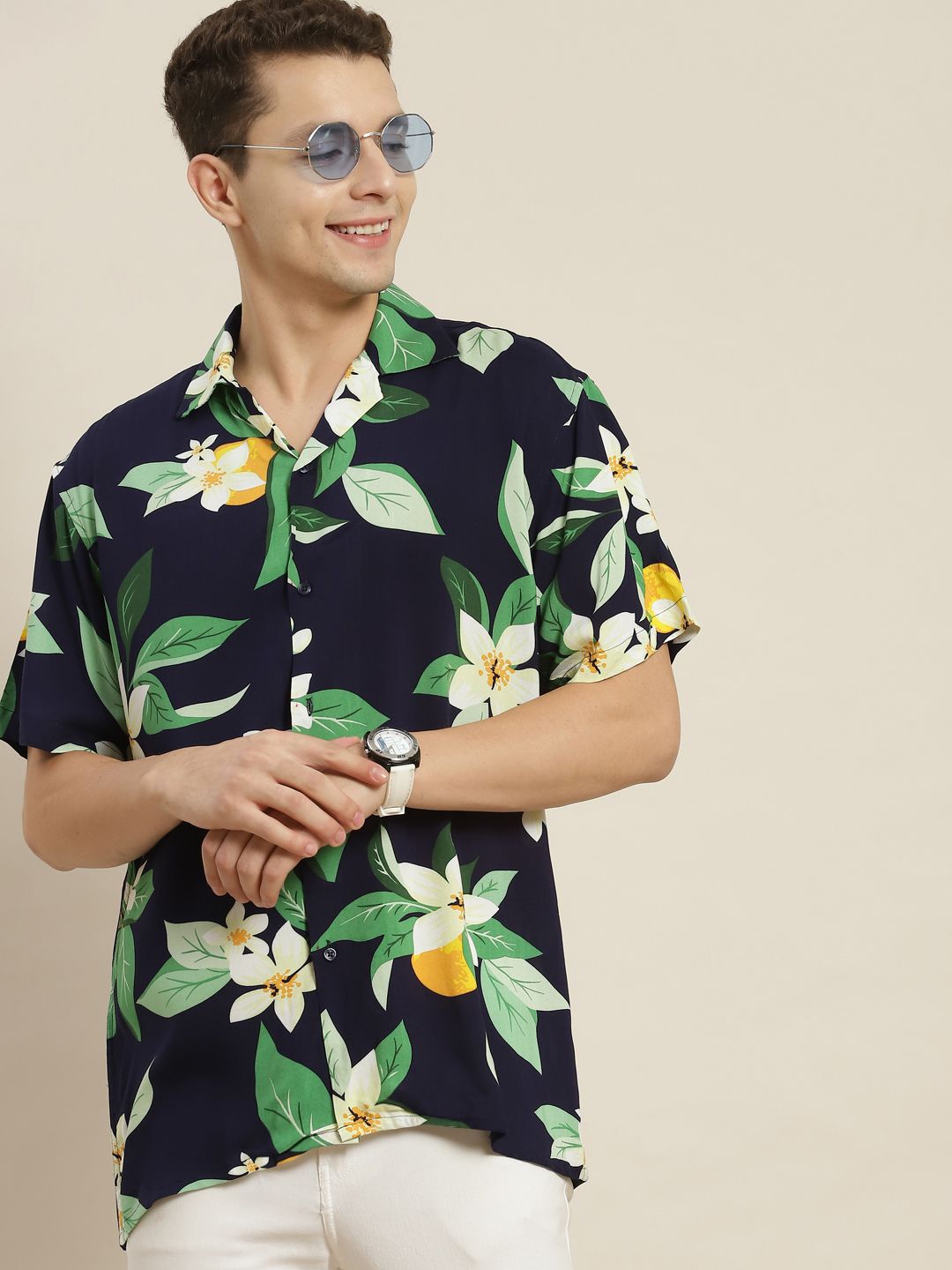 Hancock Men Navy & Green Printed Relaxed Fit Casual Resort Shirt