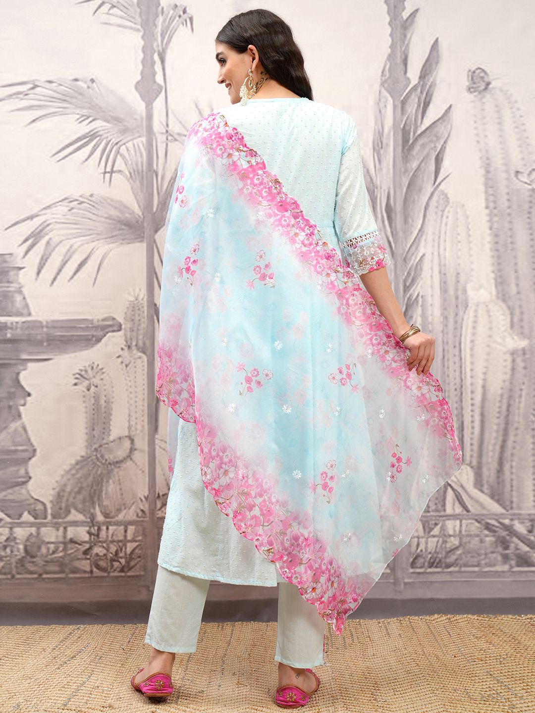 Vishudh Blue & Pink Floral Embroidered Pure Cotton Angrakha Kurta & Trousers With Dupatta
