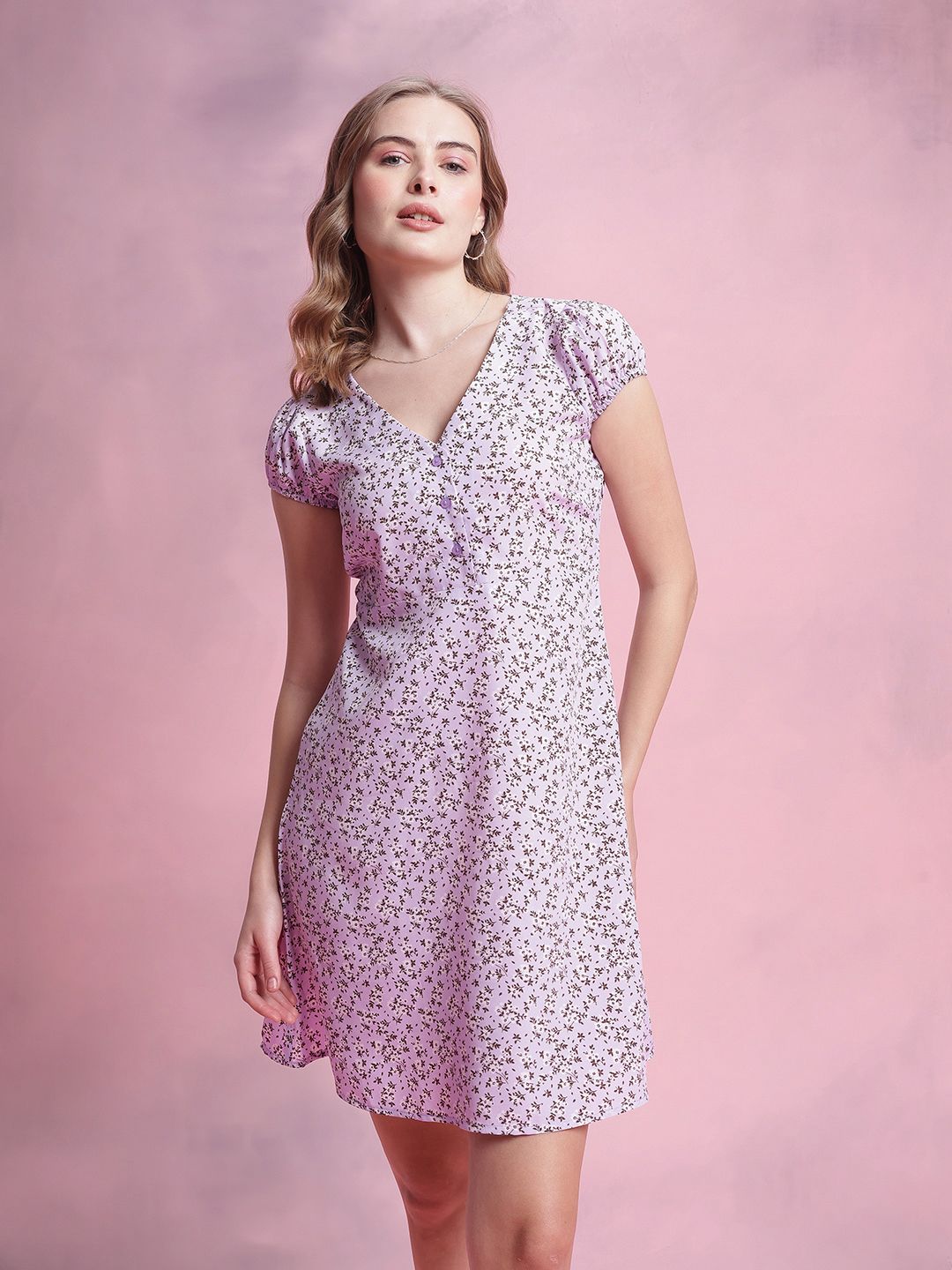 DressBerry Floral Print Puff Sleeve A-Line Mini Dress