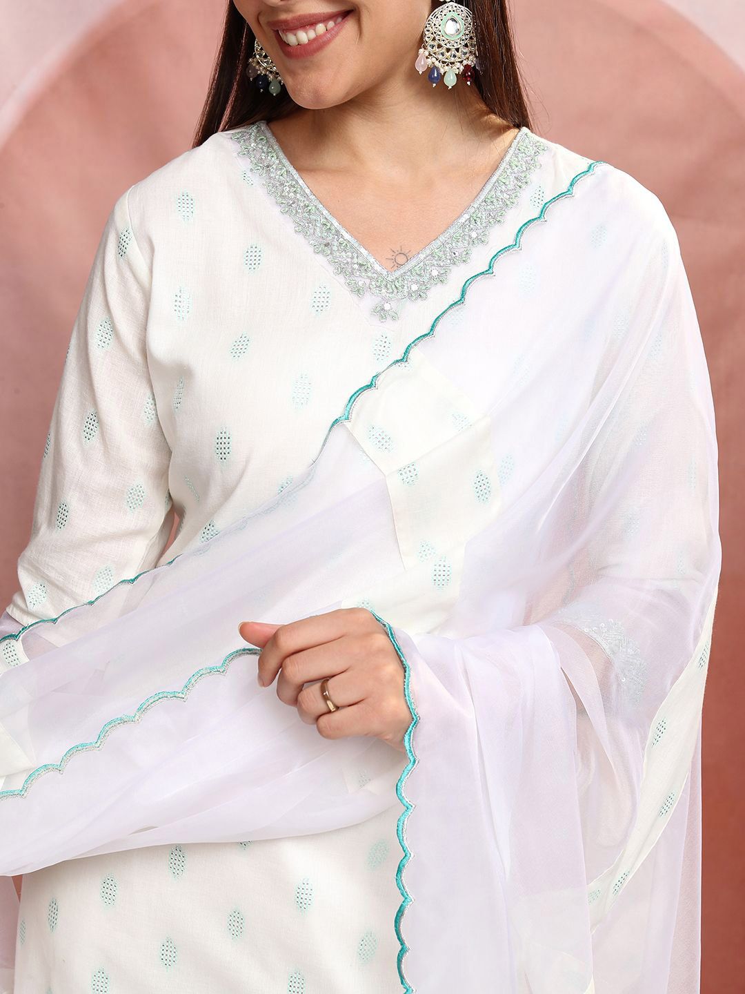 Vishudh White Ethnic Motifs Printed Pure Cotton Straight Kurta & Trousers With Dupatta