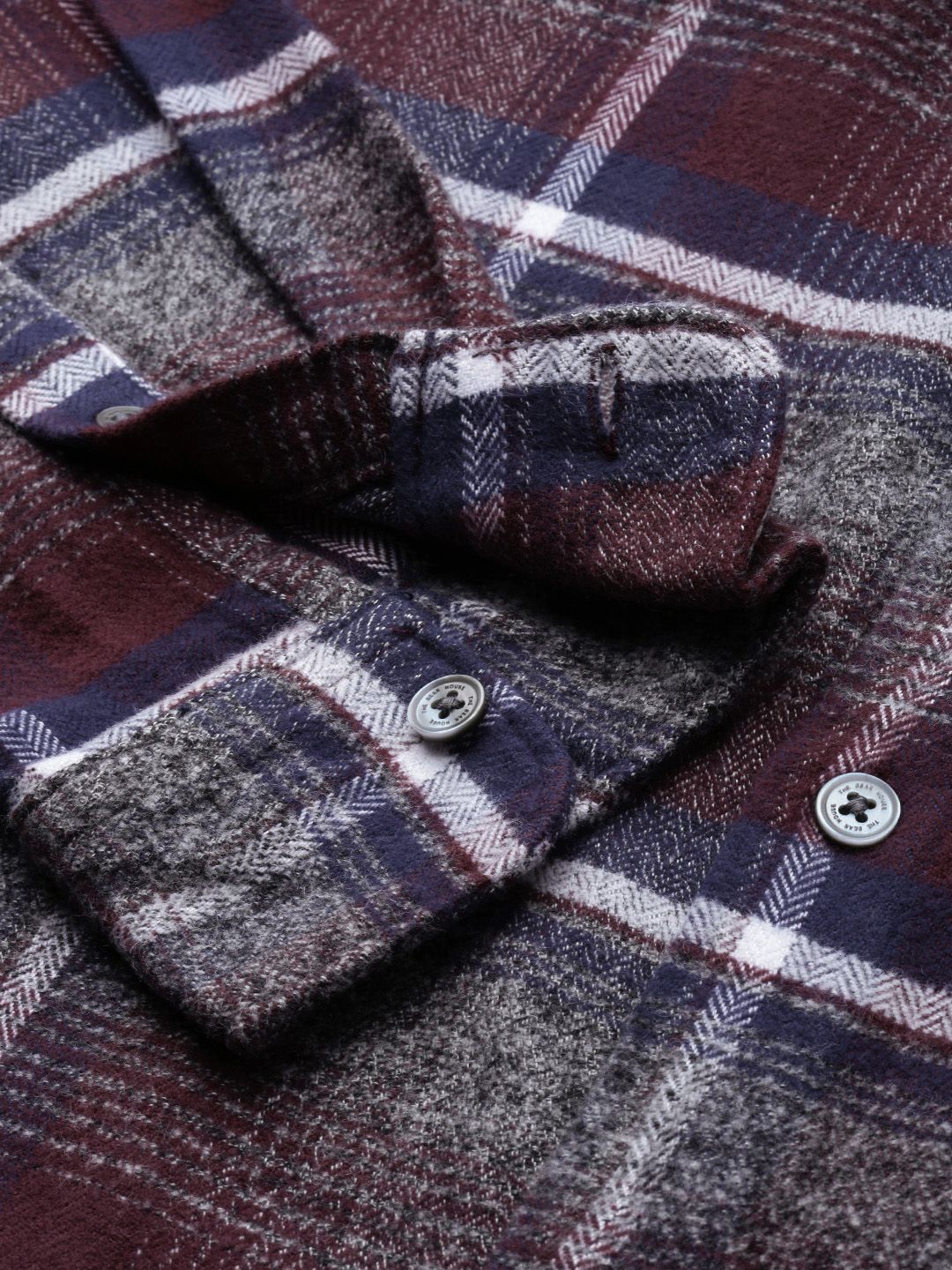 THE BEAR HOUSE Men Grey & Brown Slim Fit Tartan Checked Flannel Pure Cotton Casual Shirt
