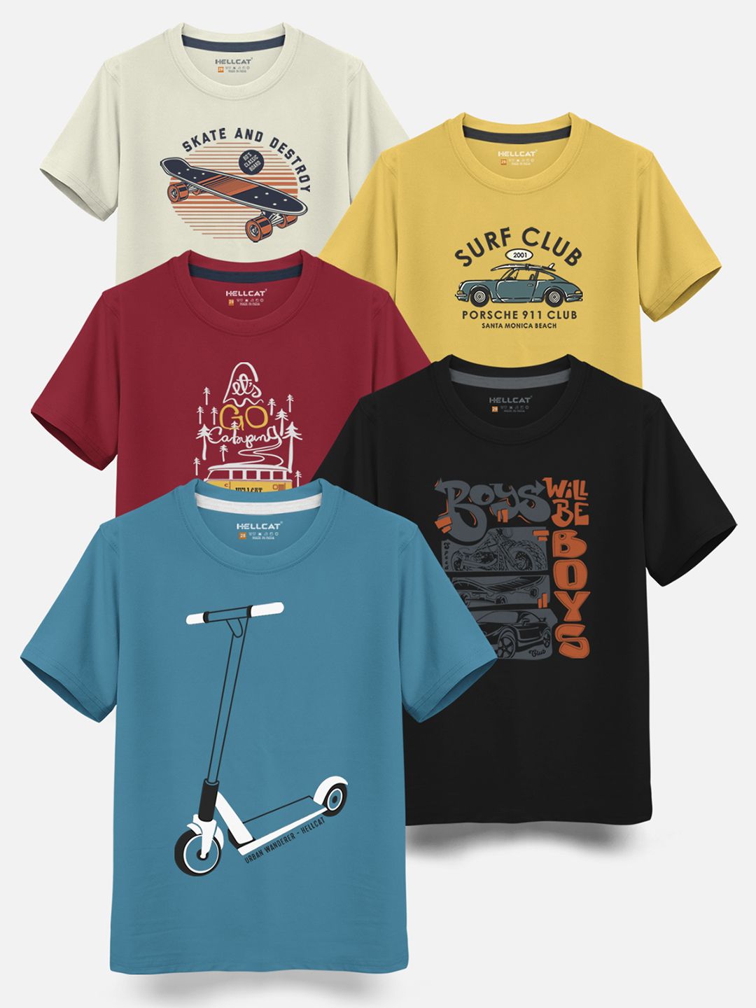 HELLCAT Boys Pack Of 5 Graphic Printed Cotton T-shirt