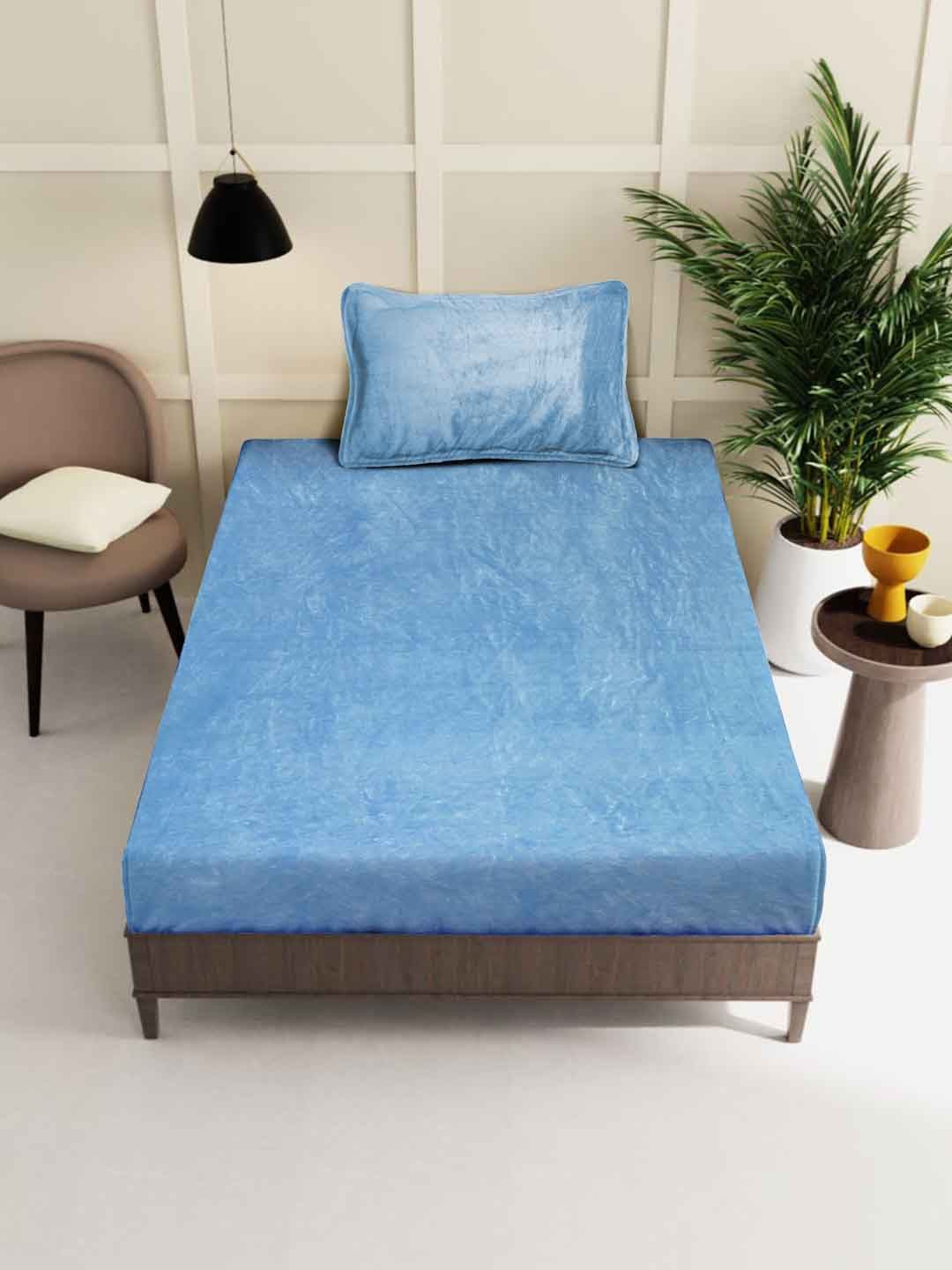 KLOTTHE Blue 300TC Woollen Fitted Single Bedsheet With Pillow Cover