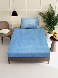 KLOTTHE Blue 300TC Woollen Fitted Single Bedsheet With Pillow Cover