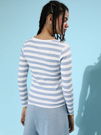 SASSAFRAS Women Blue Striped Knitted Tshirt