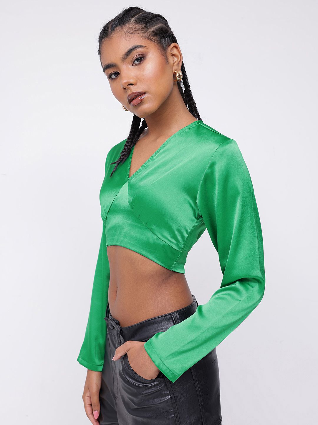 DressBerry Bright Emerald Satin Finish V-Neck Crop Top