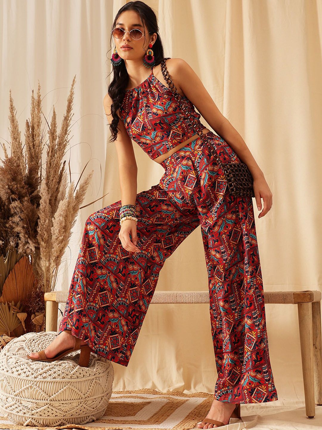 QUIERO Printed Shoulder Strap Top With Palazzo Co-Ords