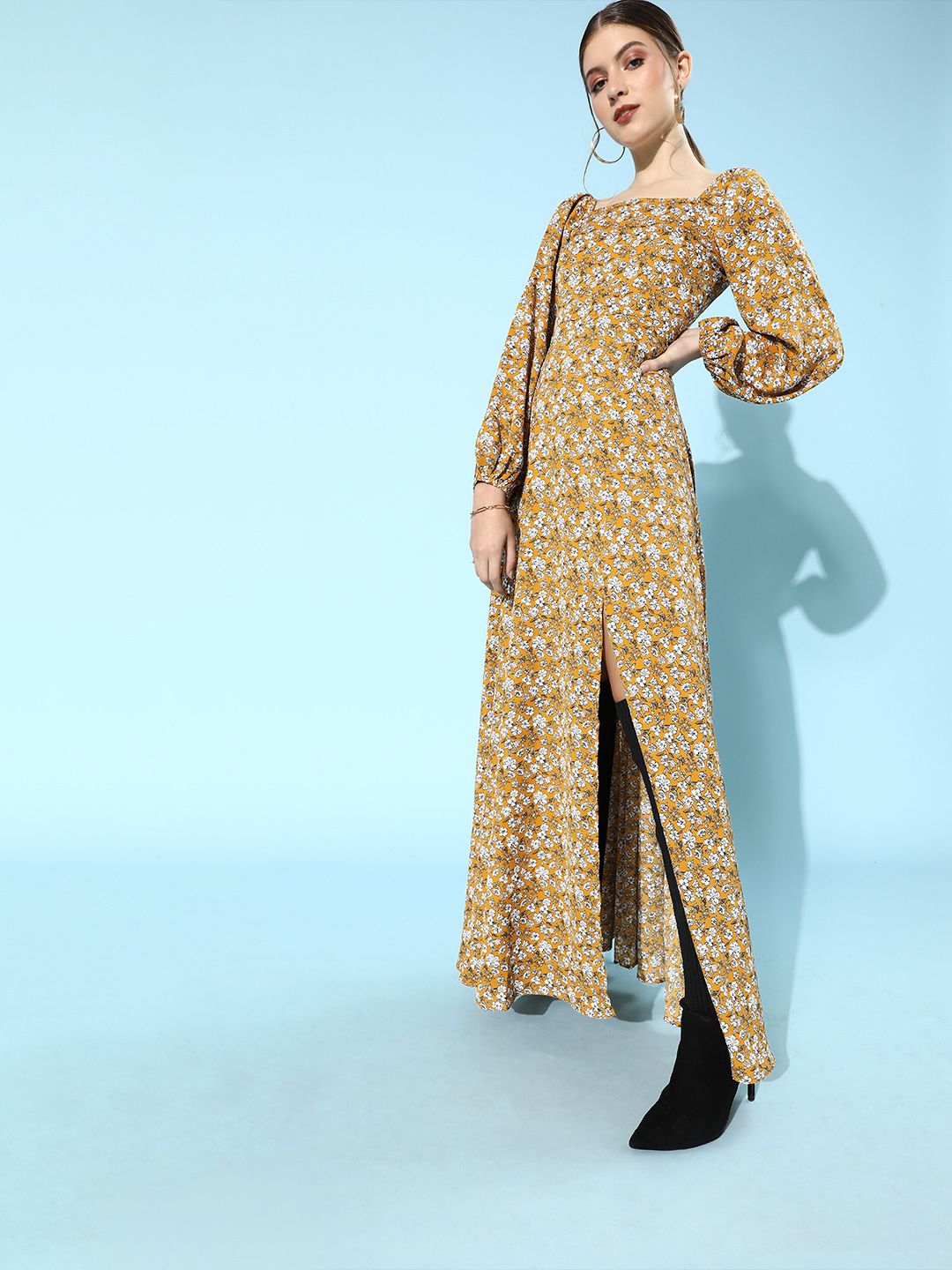 Berrylush Women Stylish Mustard Floral Puff Sleeves Dress