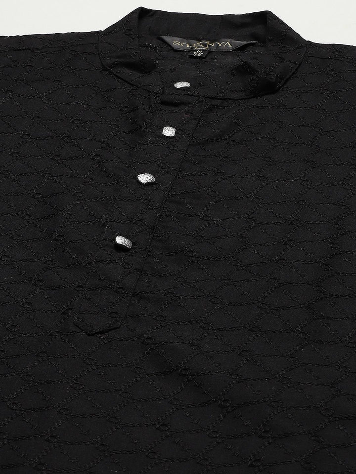SOJANYA Men Black Ethnic Motifs Chikankari Pure Cotton Kurta with Churidar & Nehru Jacket