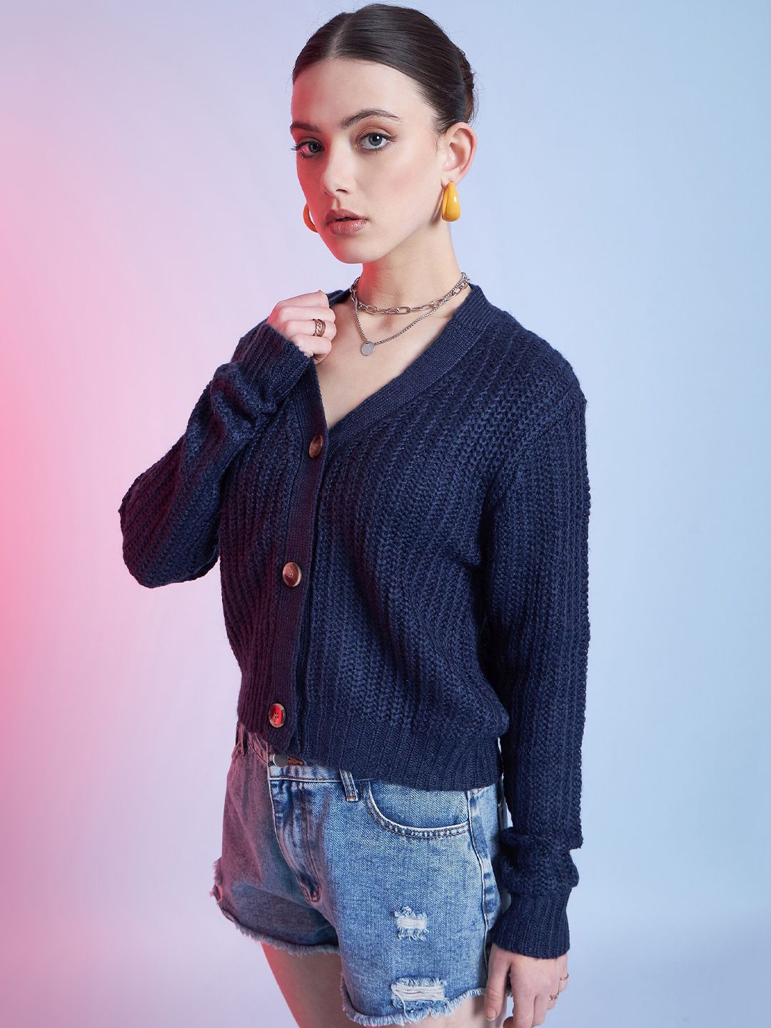 STREET 9 Blue Ribbed Cardigan Acrylic Sweater