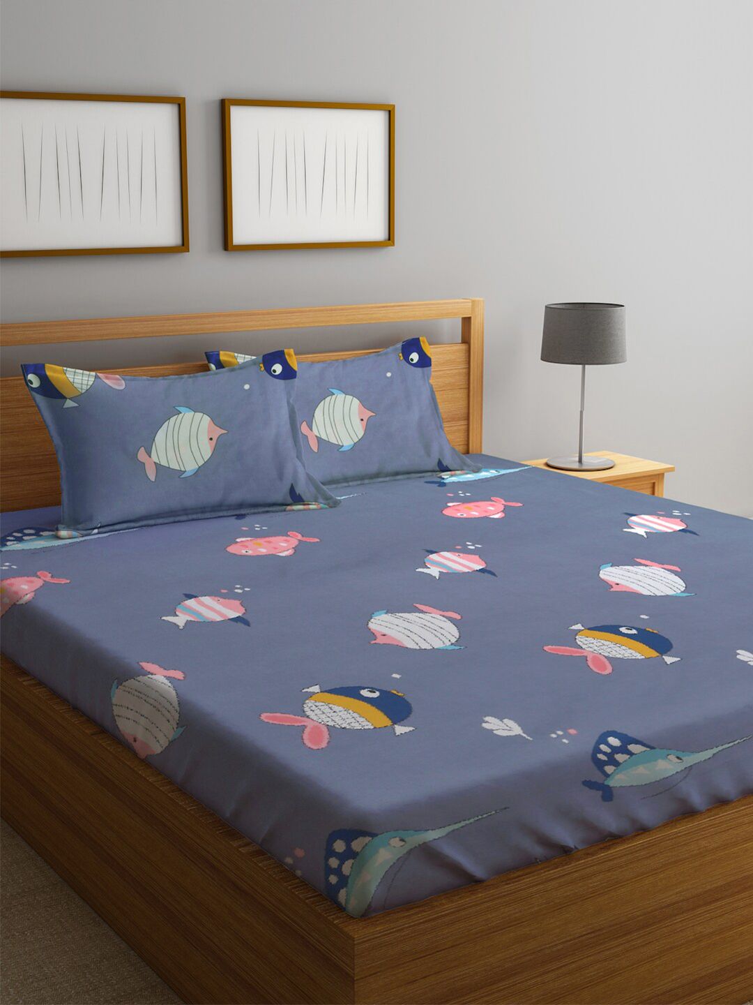 KLOTTHE Cartoon Print 300 TC Cotton Blend Double King Bed Sheet with 2 Pillow Covers