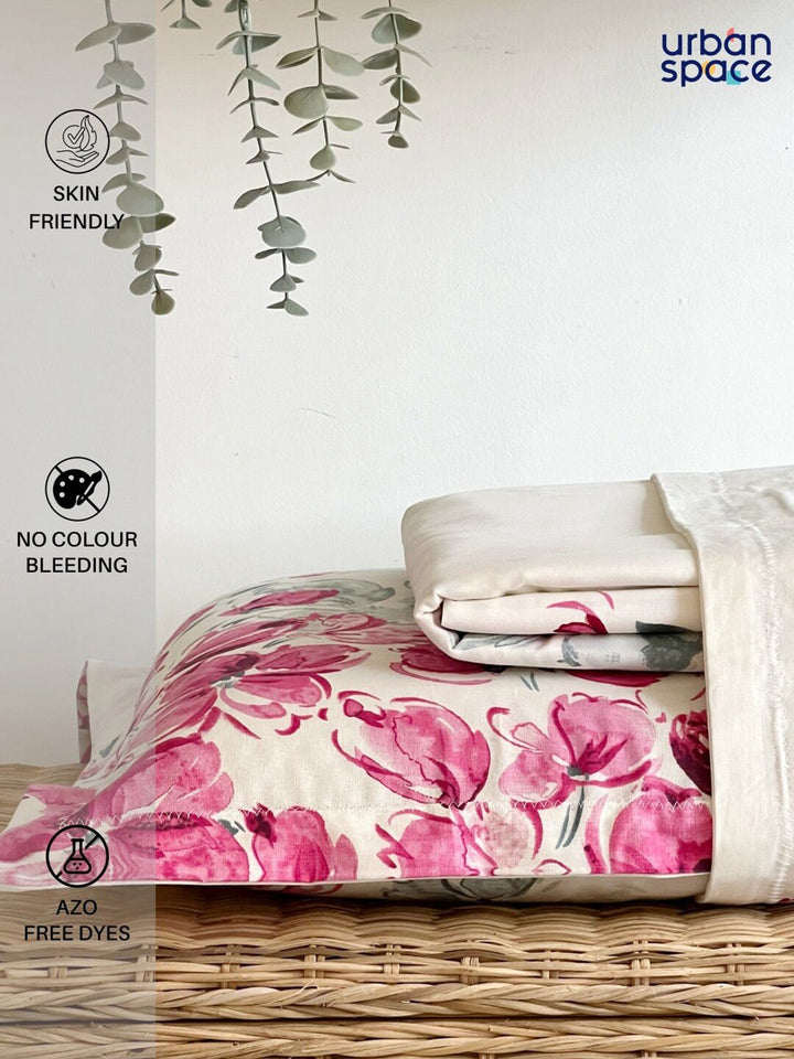 URBAN SPACE Serene Cream-Coloured Floral 200 TC Pure Cotton Queen Bedsheet & Pillow Covers