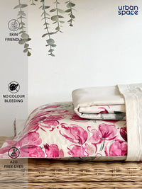 URBAN SPACE Serene Cream-Coloured Floral 200 TC Pure Cotton Queen Bedsheet & Pillow Covers