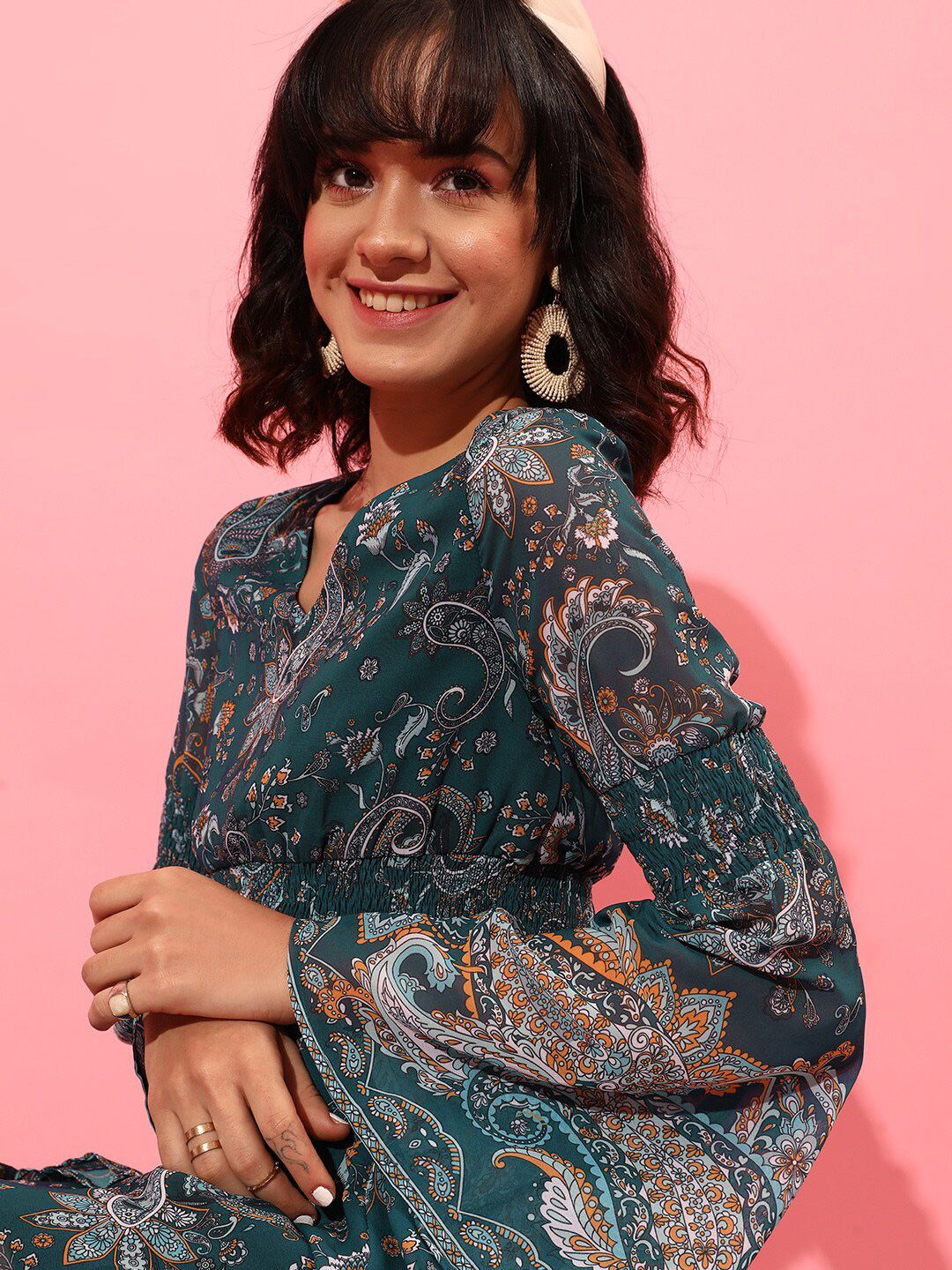 STREET 9 Bell Sleeves Printed Chiffon Midi A-Line Dress