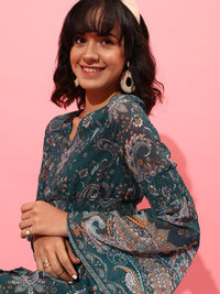 STREET 9 Bell Sleeves Printed Chiffon Midi A-Line Dress