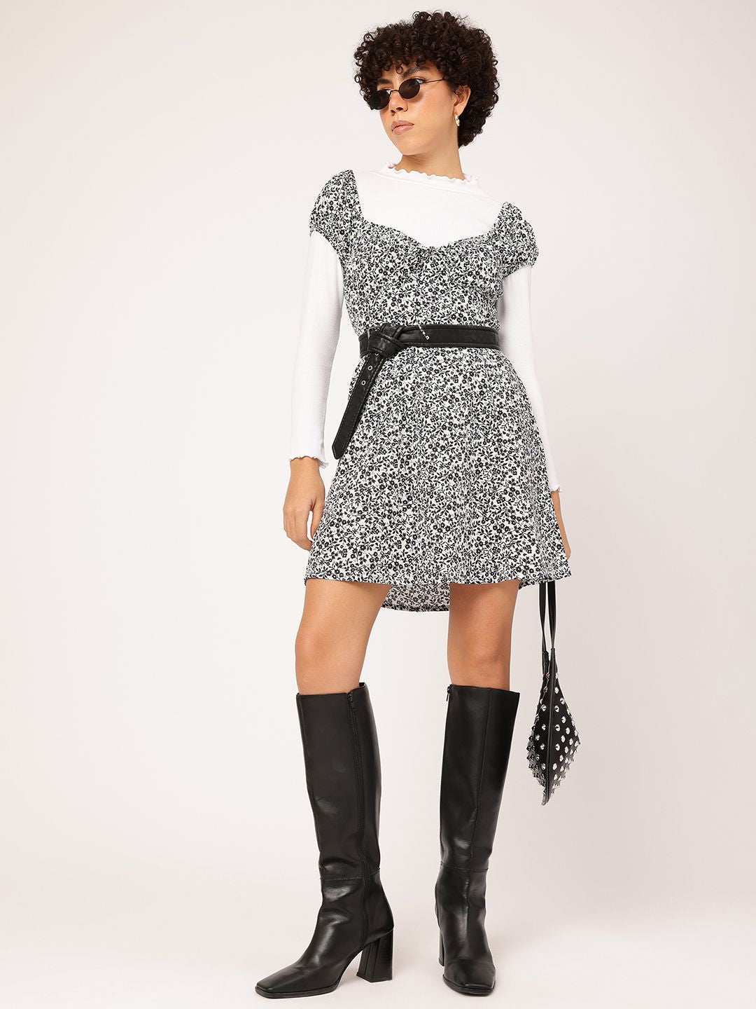 DressBerry Monochrome Magic Floral Smocked Mini Dress