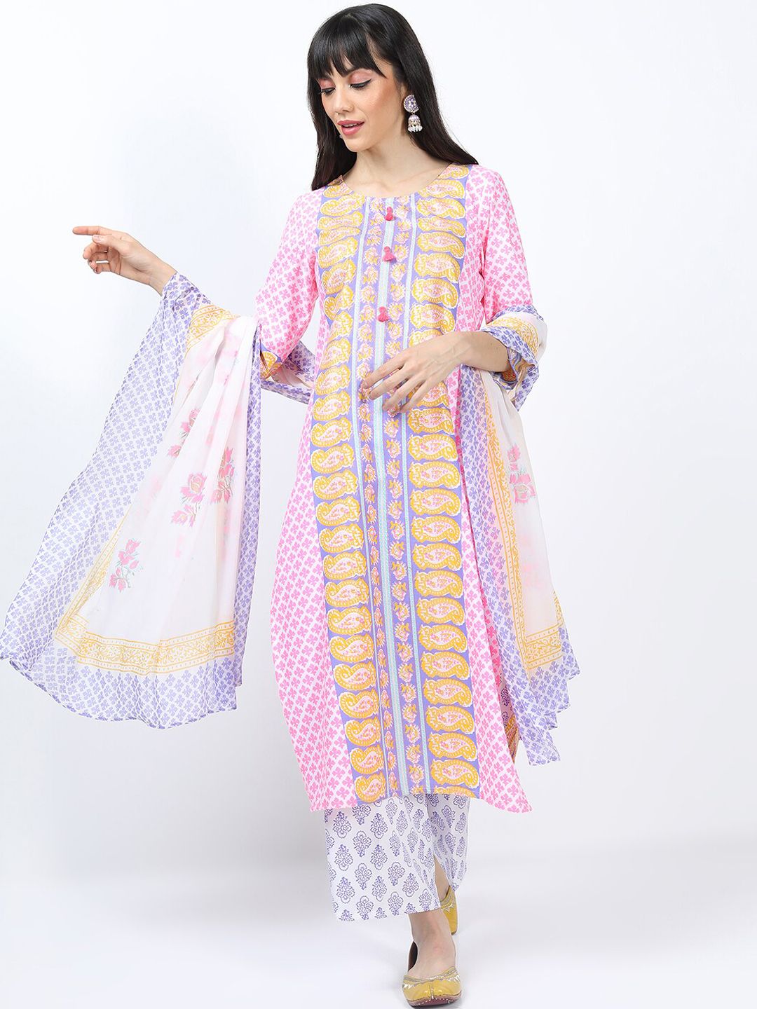 Vishudh Women Pink Ethnic Motifs Printed Kurta with Palazzos & With Dupatta