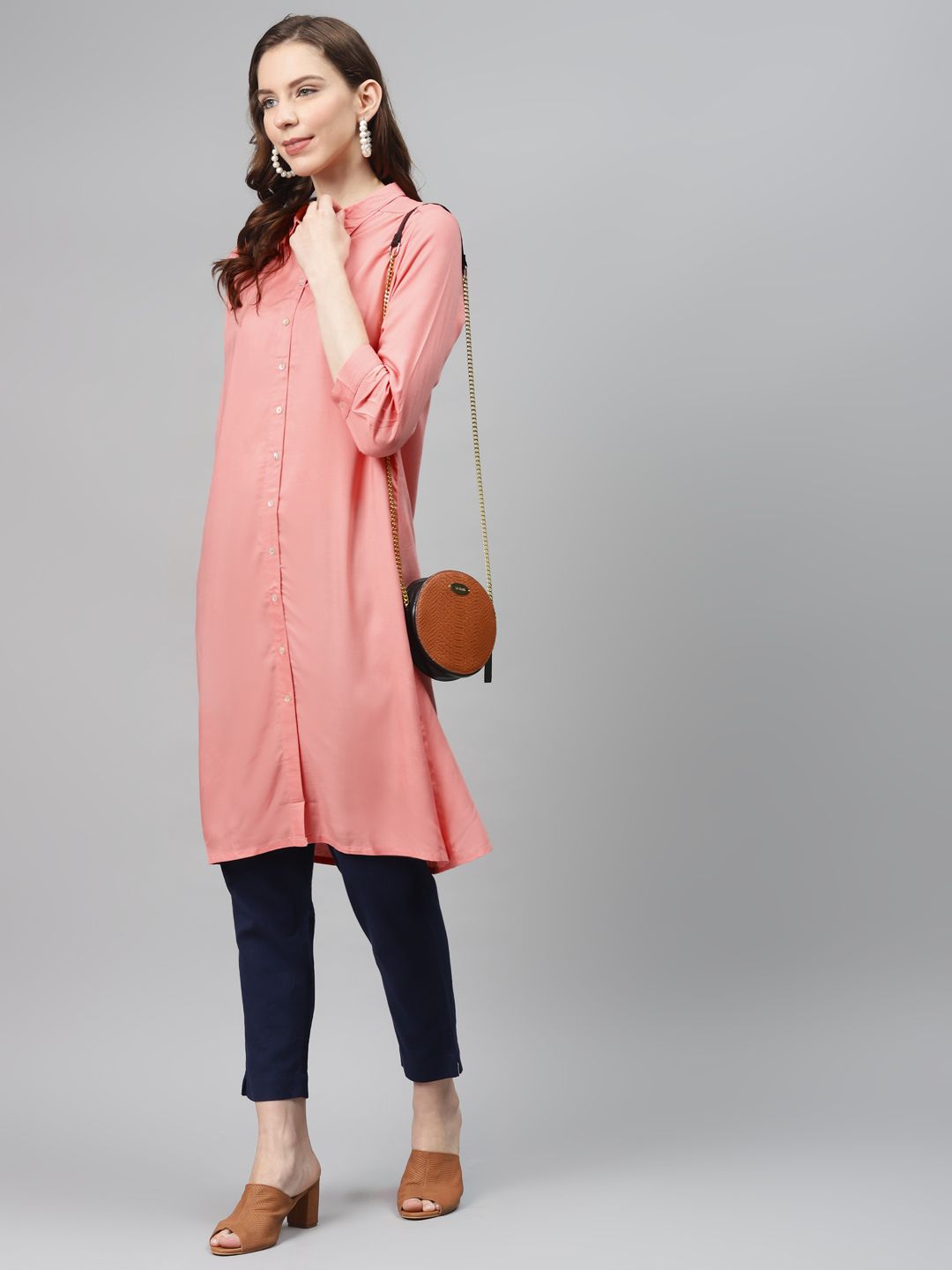 Global Desi Eco Vero Women Pink Solid Straight Fusion Kurta