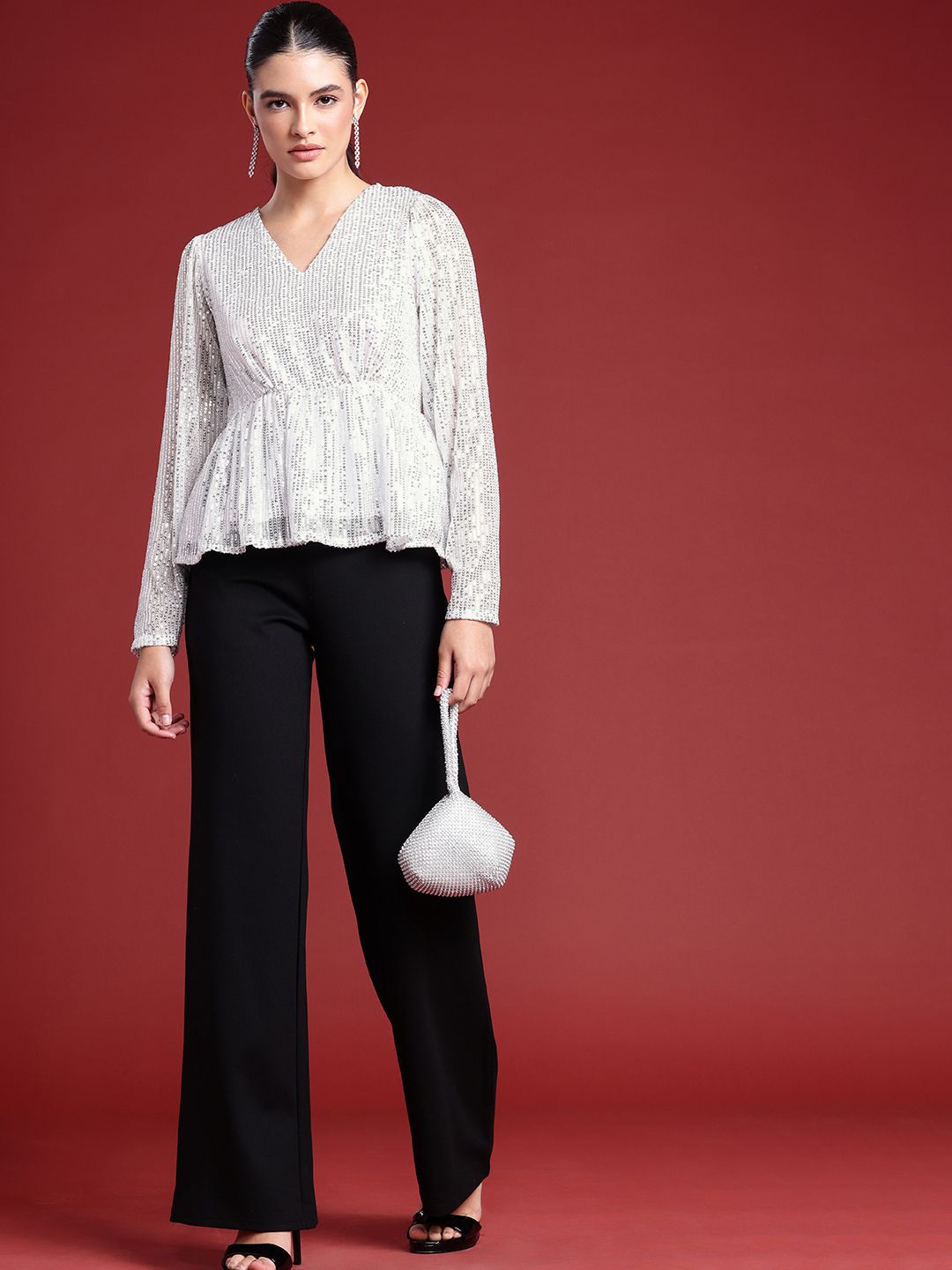 all about you Sequinned Stripes Embellished V-Neck Gathered or Pleated Party Top
