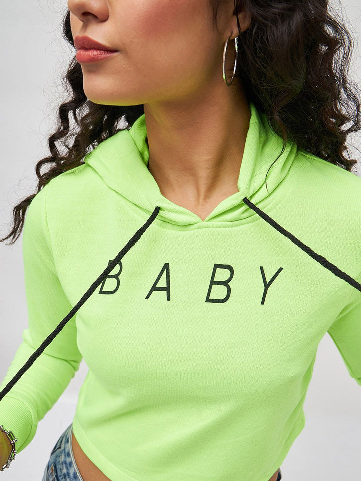 SASSAFRAS Women Fluorescent Green Solid Hooded Cropped Sweatshirt