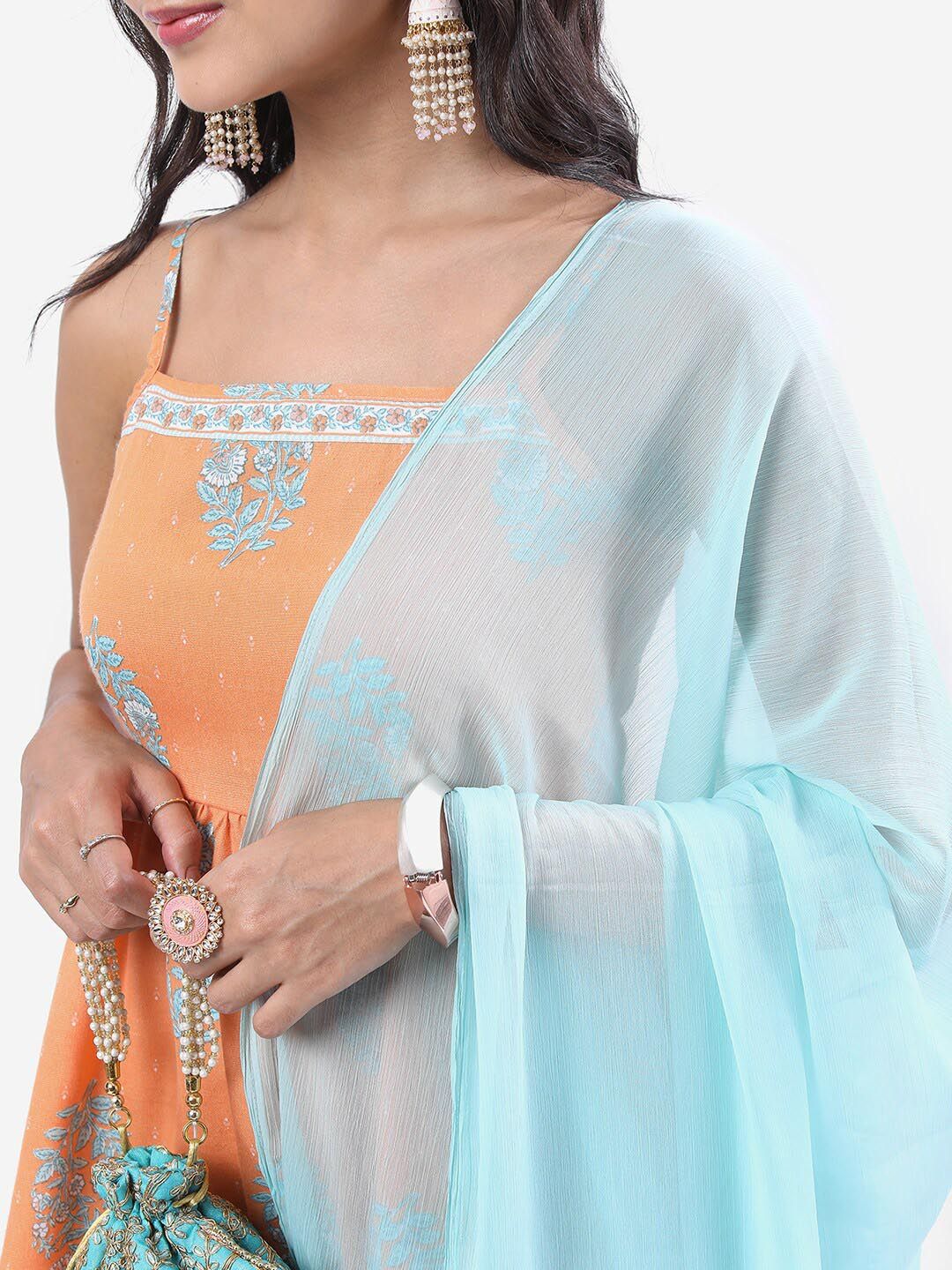 Vishudh Peach-Coloured & Blue Floral Printed Kurta With Dhoti Pants & Dupatta