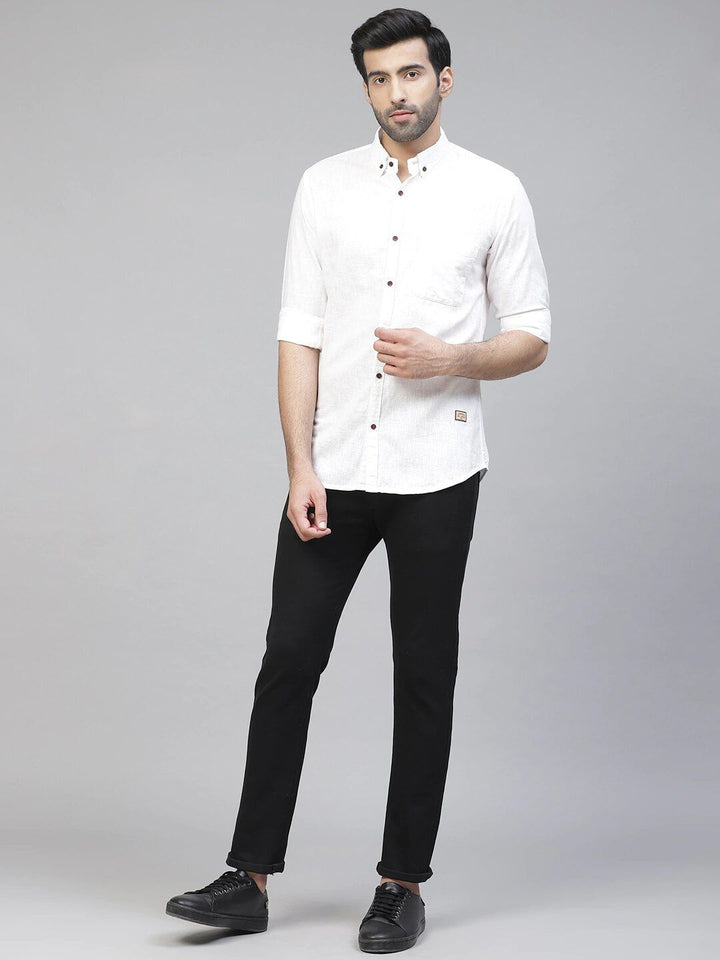 DENNISON Men White Smart Slim Fit Casual Cotton Linen Casual Shirt