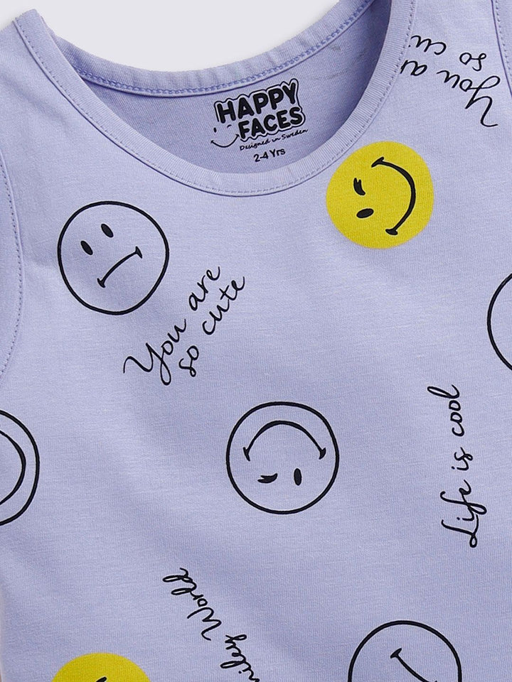 Happy Faces Pure Cotton Smiley Print A-Line Dress