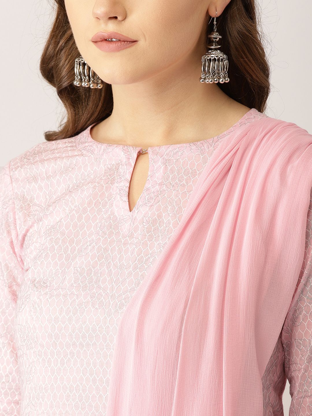 Libas Women Pink & Silver Printed Kurta with Palazzos & Dupatta