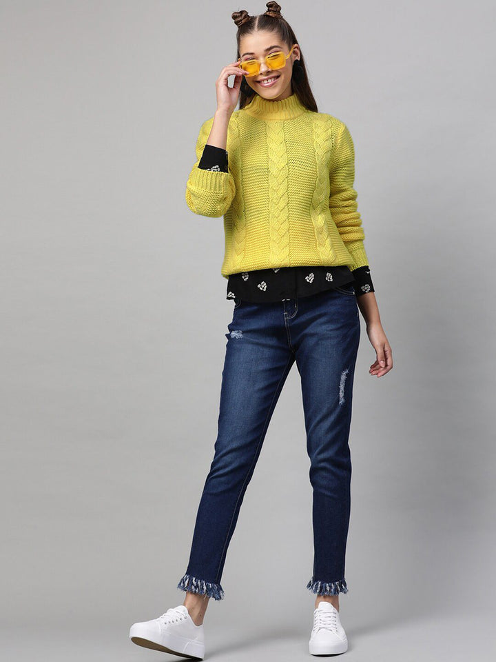 STREET 9 Women Yellow Self Design Pullover Sweater