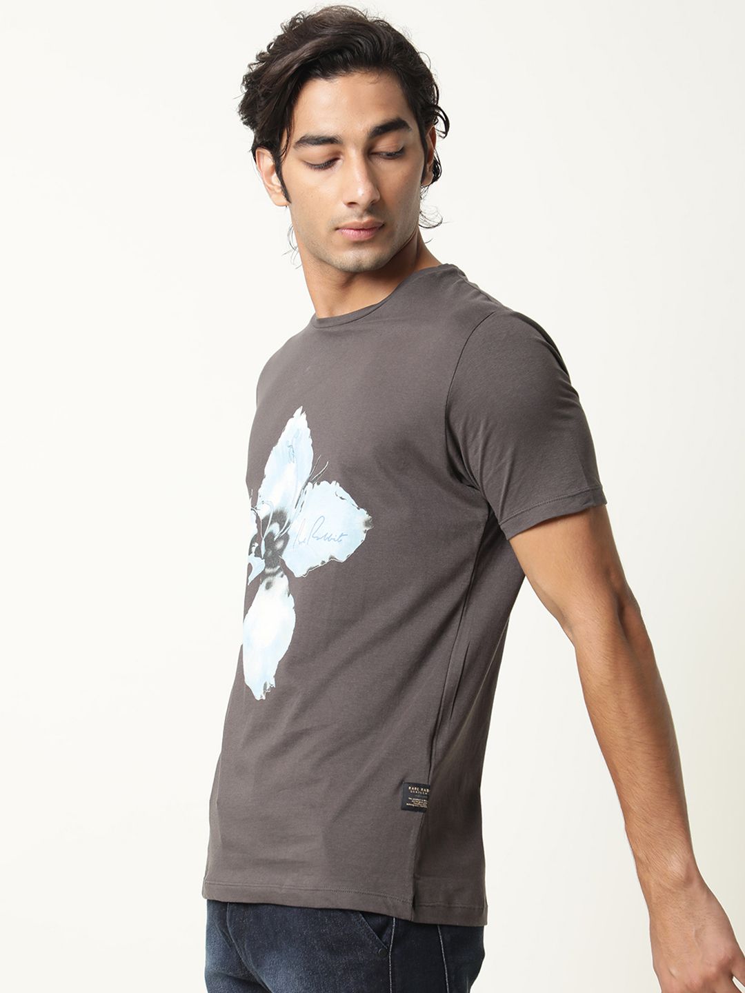 RARE RABBIT Men Grey Printed Pure Cotton Slim Fit T-shirt