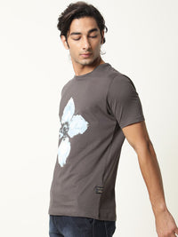 RARE RABBIT Men Grey Printed Pure Cotton Slim Fit T-shirt