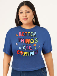 STREET 9 Women Blue Typography Printed Oversized  Crop T-shirt
