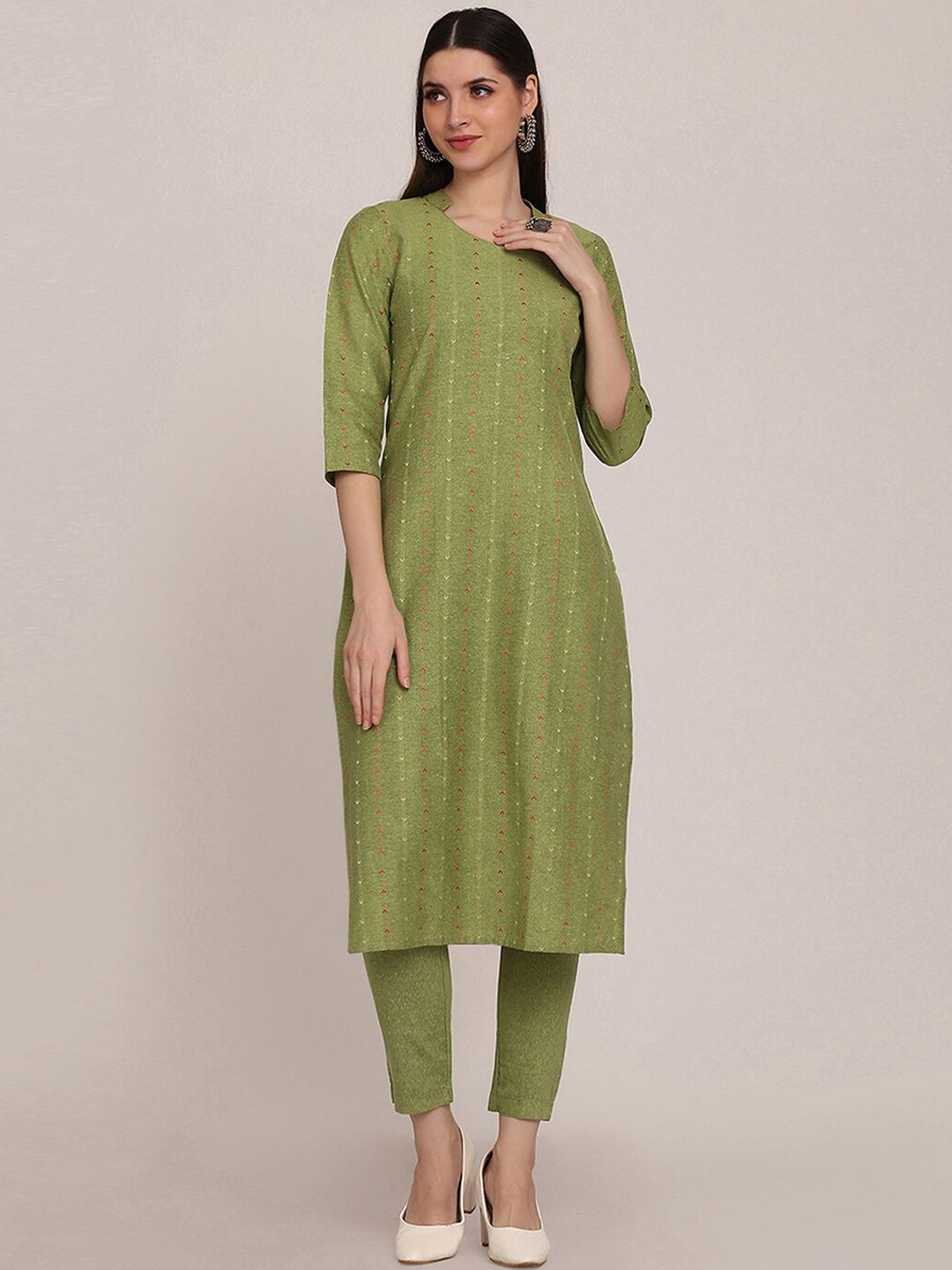KALINI Geometric Woven Design Mandarin Collar Straight Kurta With Trouser