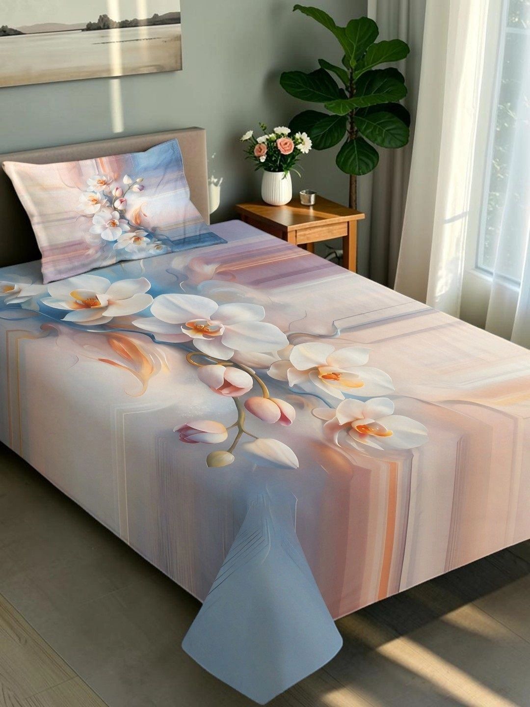Moda Rapido X KLOTTHE Blue & Pink Floral 400 TC Single Bedsheet with 1 Pillow Covers