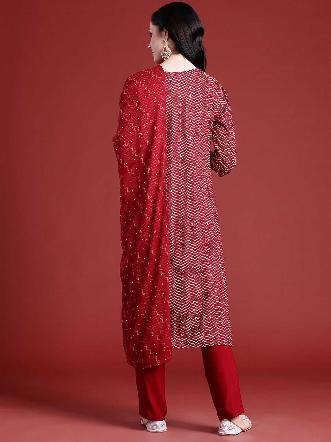 Anouk Bandhani Printed Regular Thread Work Kurta With Trousers & Dupatta