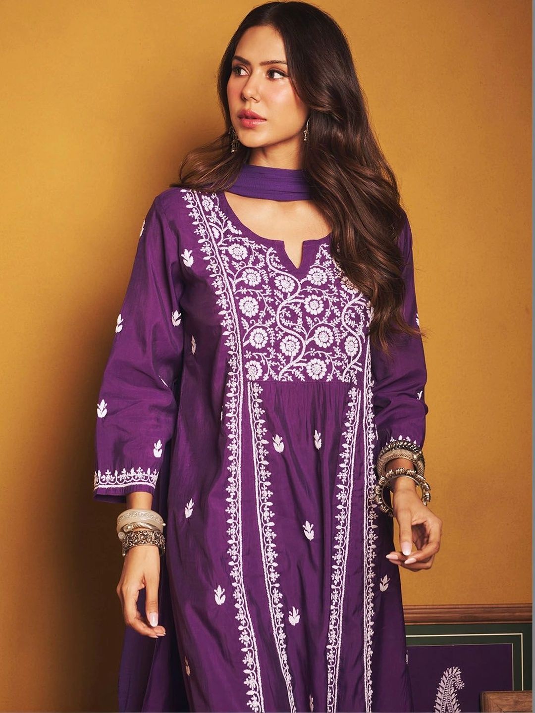 House of Chikankari Sonam Purple Chanderi Set Kurta Chikankari Dengan Dupatta