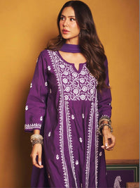 House of Chikankari Sonam Purple Chanderi Set Kurta Chikankari Dengan Dupatta