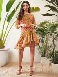 SASSAFRAS Green Floral Printed Puff Sleeve Ruched Georgette Sheath Dress