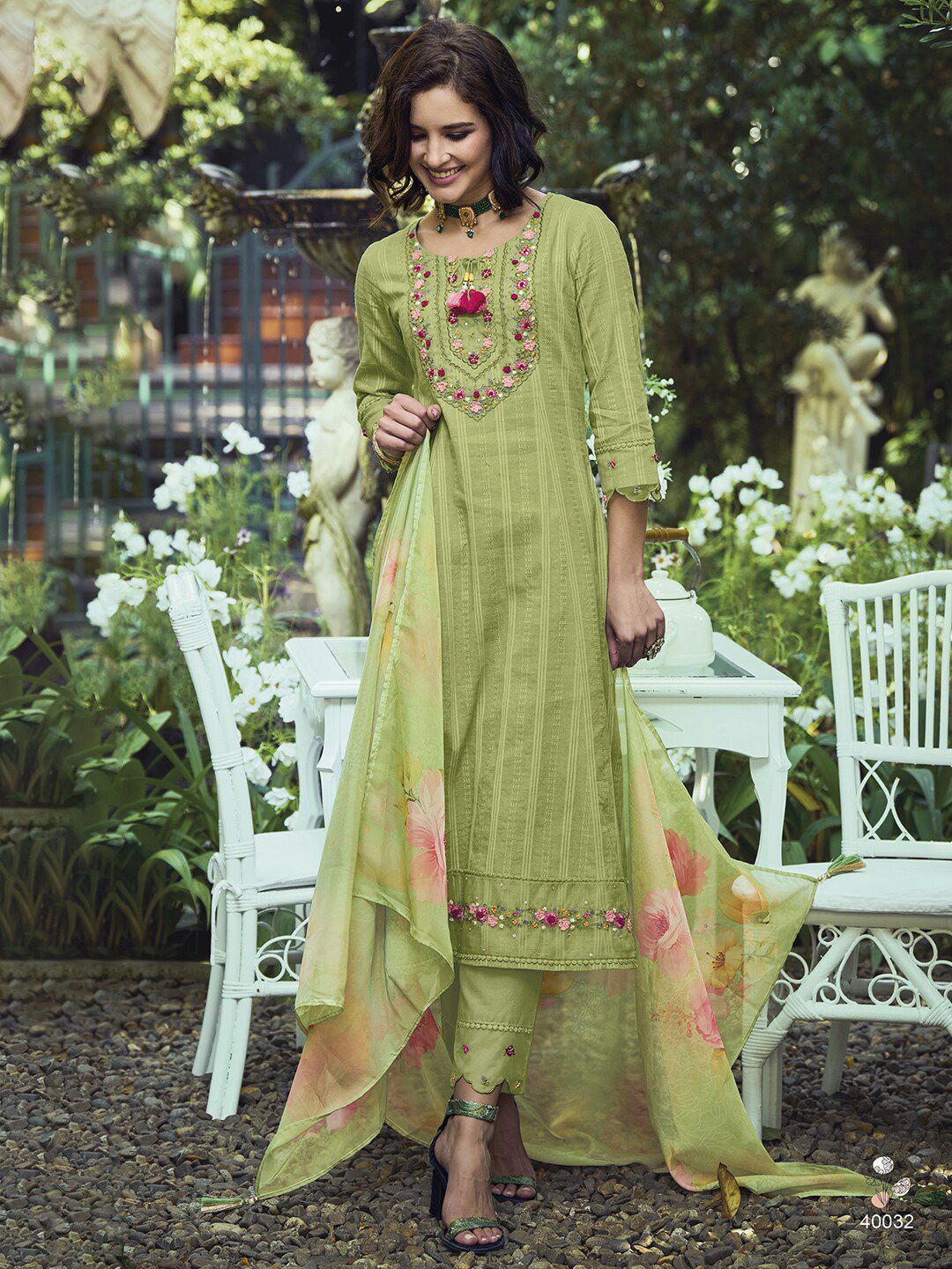 Indo Era Green & Pink Floral Embroidered Pure Cotton Kurta With Trousers & Dupatta