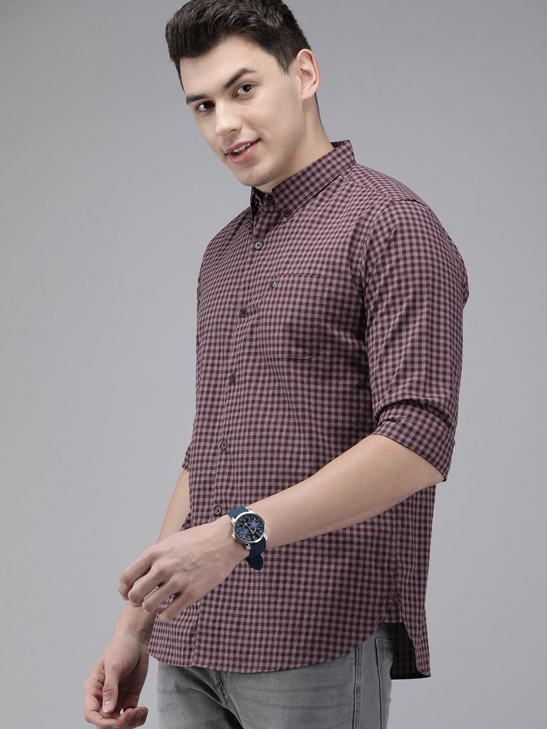 THE BEAR HOUSE Men Maroon & Pink Slim Fit Gingham Checked Cotton Shirt