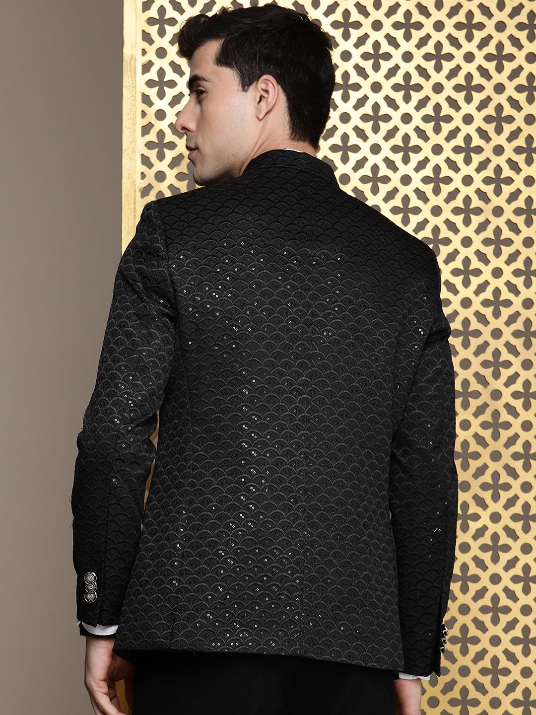 House of Pataudi Self Design Sequinned Mandarin Collar Bandhgala Jashn Blazers