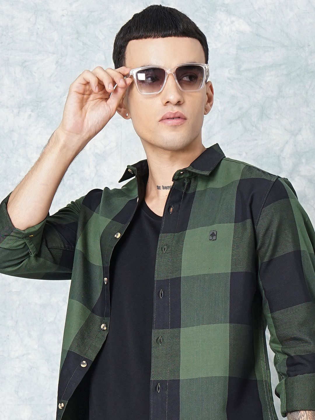 The Indian Garage Co Men Olive Green Grid Tattersall Checked Pure Cotton Casual Shirt