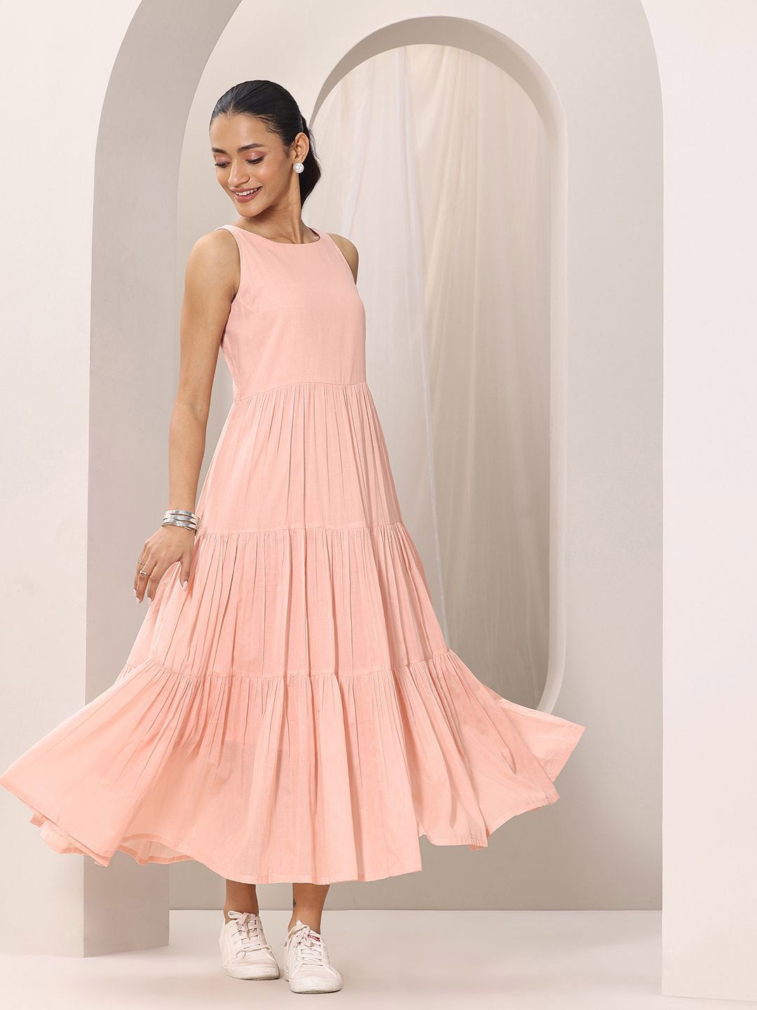 Libas Women Peach Boat Neck Fit & Flare Tiered Midi Dress