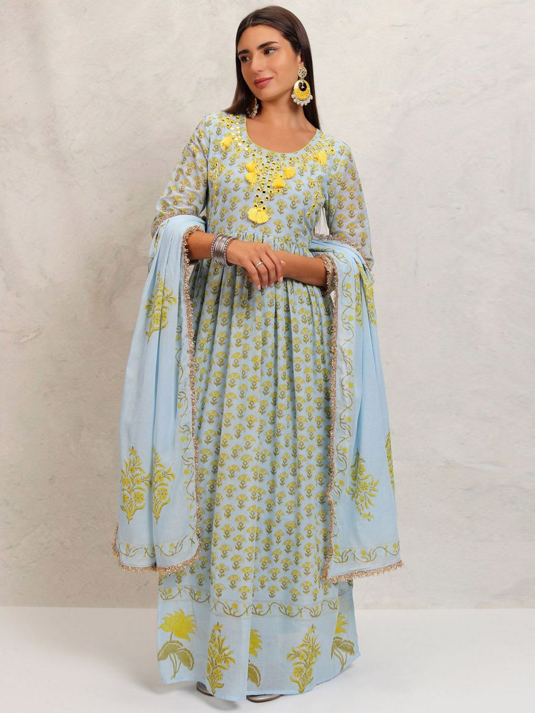 Vishudh Blue Floral Printed Mirror Work Pure Cotton Anarkali Kurta With Trousers & Dupatta
