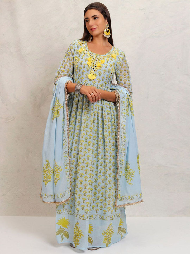 Vishudh Blue Floral Printed Mirror Work Pure Cotton Anarkali Kurta With Trousers & Dupatta