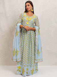 Vishudh Blue Floral Printed Mirror Work Pure Cotton Anarkali Kurta With Trousers & Dupatta