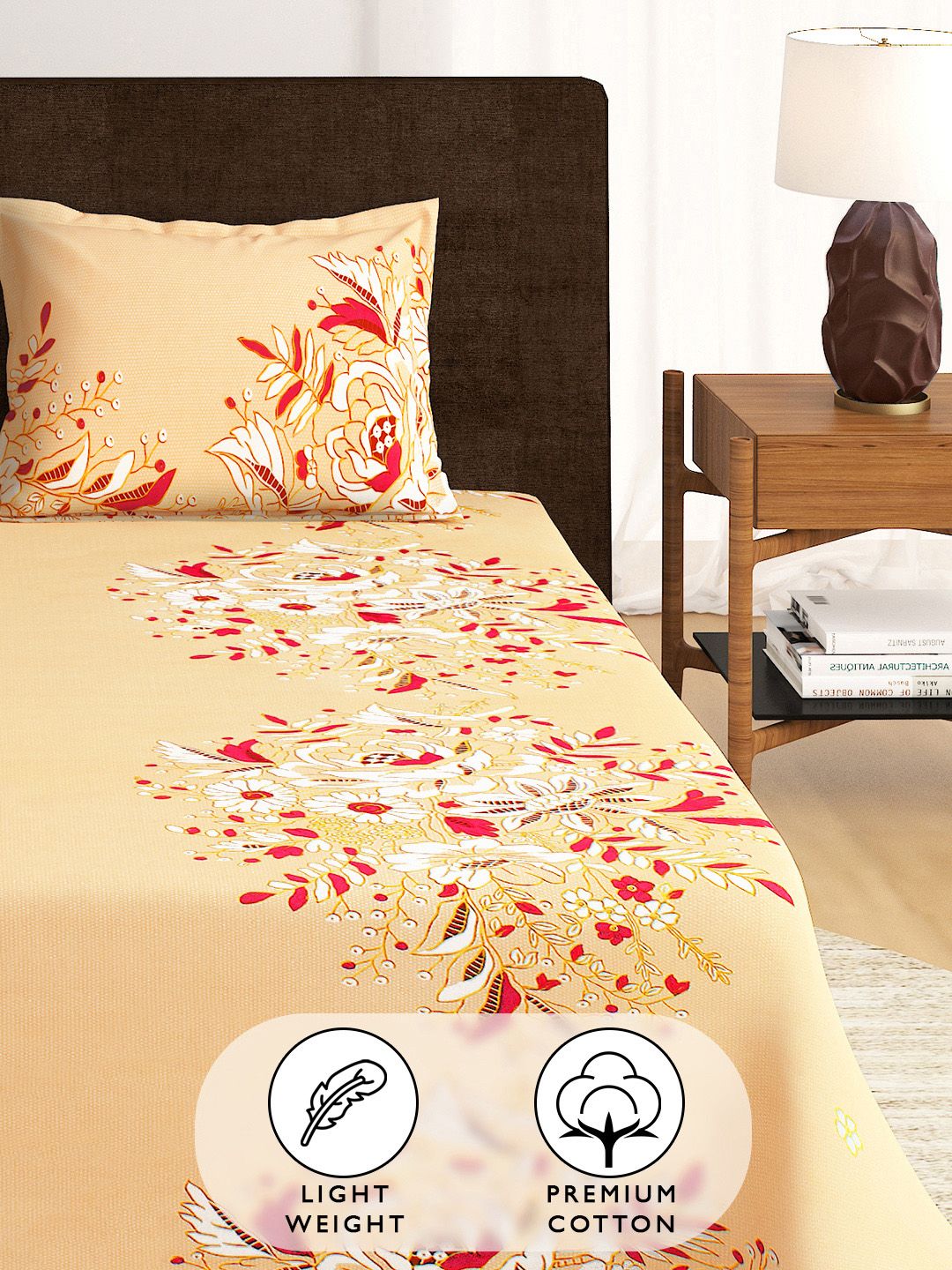 Story@home Orange Red Floral 210 TC King Bedsheet with 2 Pillow Covers