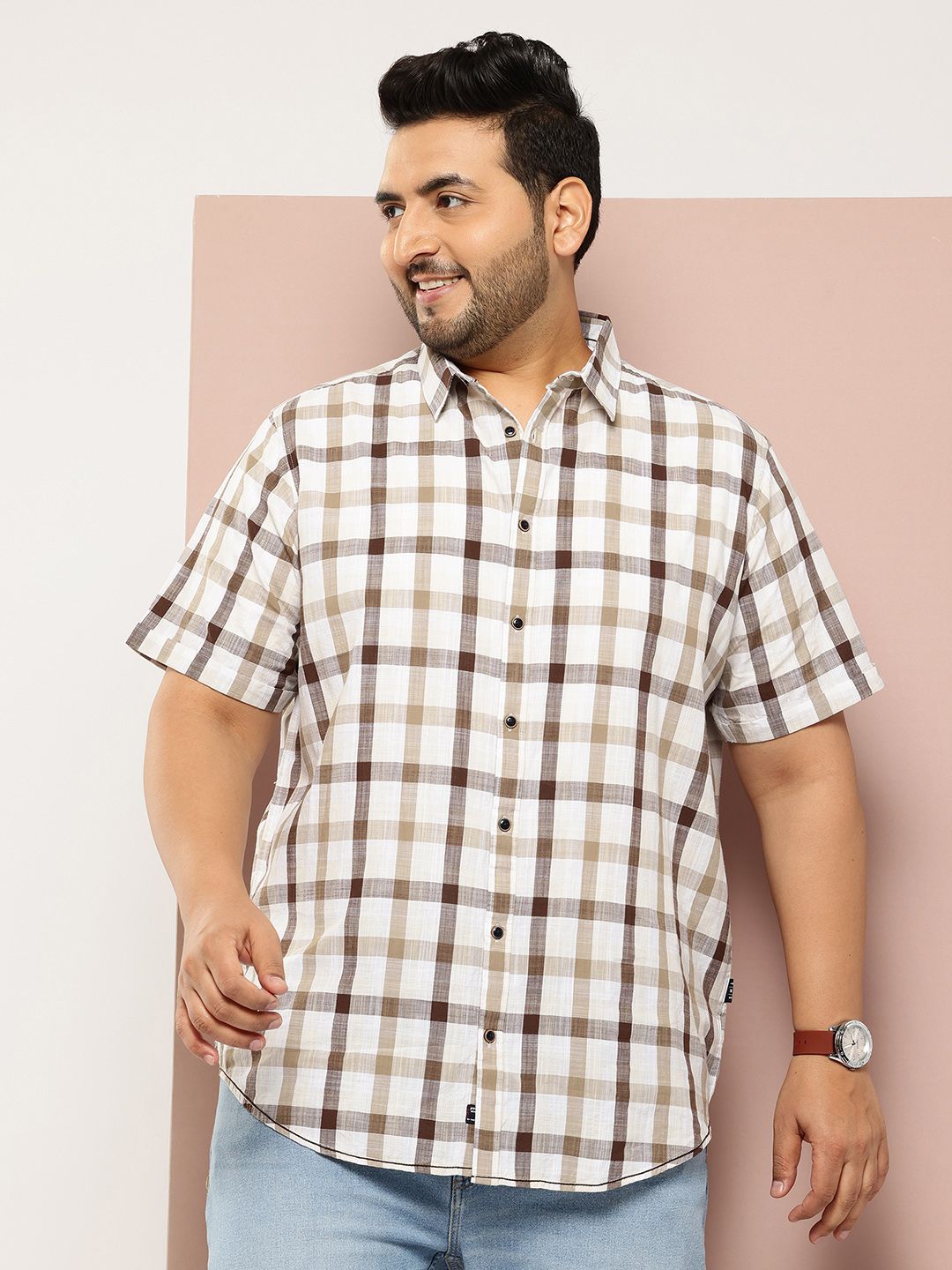 Thomas Scott Men Plus Size Premium Checked Pure Cotton Casual Shirt