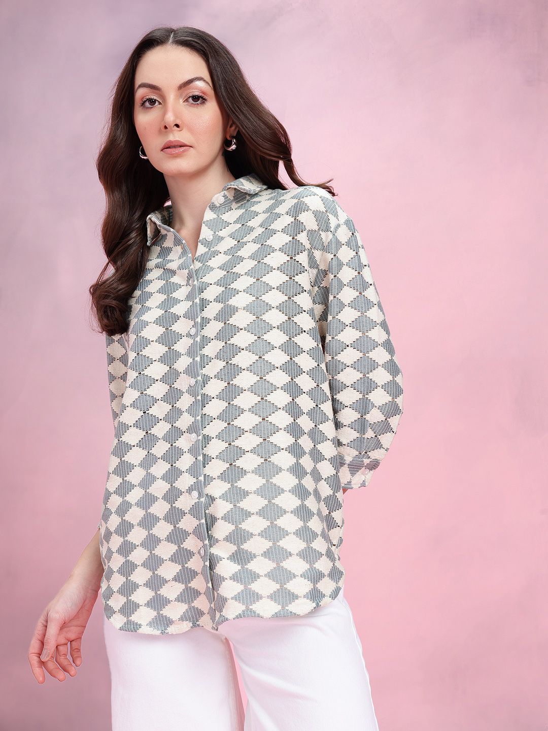 DressBerry Geometric Self-Design Drop-Sleeves Crochet Semi-Sheer Casual Shirt